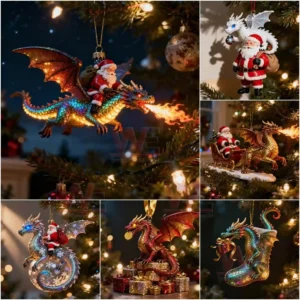 The image displays Santa riding a vibrant dragon that is breathing fire in a festive nighttime setting.