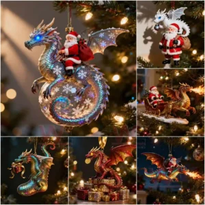 The image displays a silver dragon wrapped around a snow globe carrying Santa in a festive setting.