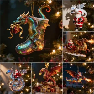The image displays a vibrant dragon carrying a present as it emerges from a festive stocking hanging on a Christmas tree.