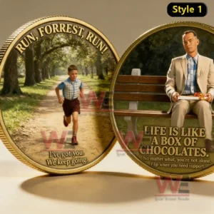 Gold toned coin with a running boy forest background and inspirational movie theme!