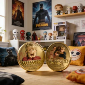 Commemorative coins displayed in a movie themed room with posters shelves and collectibles!