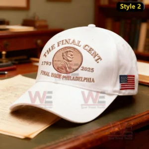 A white commemorative cap showing an embroidered cent emblem and text marking a final issue.