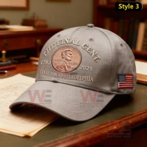 A gray commemorative cap showing an embroidered cent emblem dates and text marking a final issue.