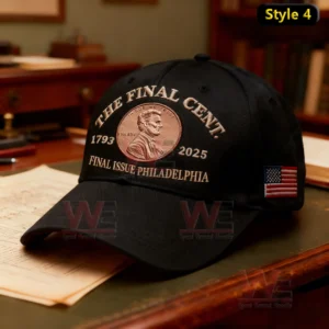 A black commemorative cap showing an embroidered cent emblem dates and text marking a final issue.