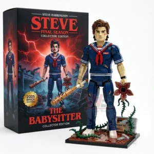 Block style figure of a heroic character with weapon and creature accessory displayed next to a themed collector box!
