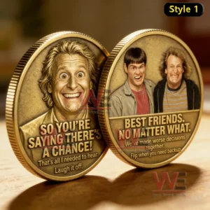 Friendship themed novelty coin with smiling character faces and engraved text displayed on a table!