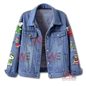 The Grinch Snoopy Christmas Denim Jacket 4 Front view blue denim jacket with Christmas character details on the sleeves!