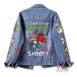 The Grinch Snoopy Christmas Denim Jacket 5 Back view denim jacket with large Christmas themed cartoon illustration and winter scenery!
