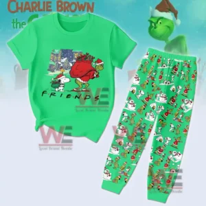 Green Christmas pajama set with cartoon characters on a shirt and matching printed pants!