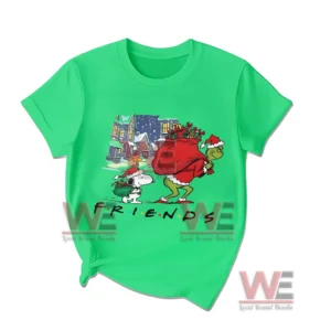 The Grinch Snoopy Christmas Pajamas Set 4 Front view of a green Christmas pajama shirt with festive cartoon character artwork!