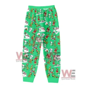 The Grinch Snoopy Christmas Pajamas Set 5 Green Christmas pajama pants with repeating cartoon holiday character pattern!
