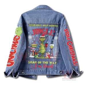 The Grinch Stole Christmas Denim Jacket 4 Back view of a denim jacket featuring a colorful Grinch illustration with festive text and decorative sleeve lettering!