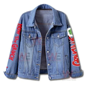 The Grinch Stole Christmas Denim Jacket 5 Front view of a denim jacket featuring festive red lettering on the sleeves alongside small Grinch themed illustrations!