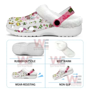 Clogs shown with fleece lining white base pink strap and labeled feature panels indicating warmth durability and secure traction!