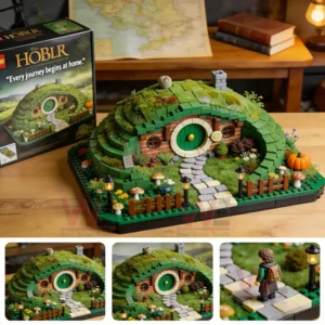 Hobbit style house model with round green door grassy roof stone path and miniature garden details placed indoors!