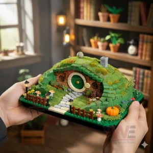 Hands holding a hobbit house model with green roof round door stone path and small decorative plants in a warm indoor setting!