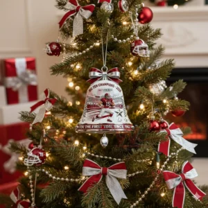 A bell ornament with a football player design and silver red decorations hanging on a Christmas tree!