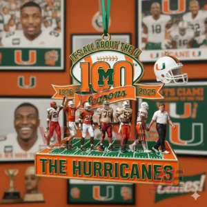 Hanging football themed ornament with miniature player figures and The Hurricanes branding!