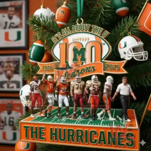 The Hurricanes football ornament hanging on a decorated Christmas tree!