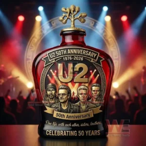 Decorative whiskey bottle with band artwork placed in front of a live concert scene with colorful lights and audience silhouettes!