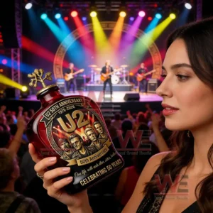 Woman holding a decorated whiskey bottle in the foreground with a live concert and colorful stage lights in the background!