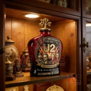 Decorative whiskey bottle with band themed design showcased on a wooden shelf under warm display lighting!