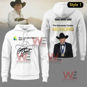 White hoodie with Kennedy Center Honors logo and George Strait portrait printed on the back!