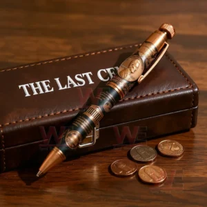 THE LAST CENT 2025 Commemorative Pen 10 Close view of a commemorative pen with copper engravings placed on a leather box next to coins!