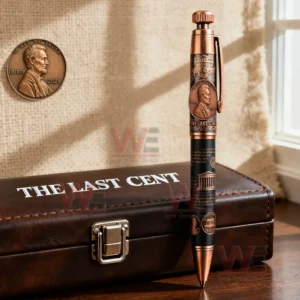 THE LAST CENT 2025 Commemorative Pen 11 Copper accented commemorative pen standing on a leather box in warm natural light!