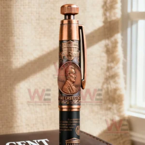 THE LAST CENT 2025 Commemorative Pen 12 Close up of the pen’s engraved copper top section highlighting cent themed details!