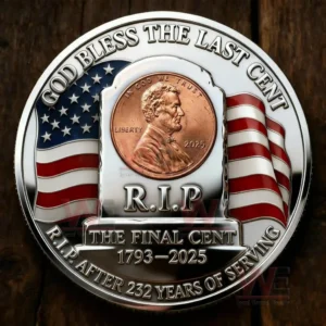 Memorial style coin with a penny centerpiece American flag elements and engraved message honoring the final cent!