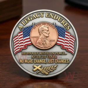 The Last Cent 232 Years of Service Commemorative Coin 9 Back view of a commemorative coin showing engraved legacy message American flags and a central penny design!