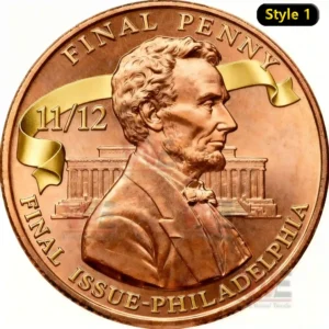 Close view of a copper commemorative coin with Lincoln portrait golden ribbon and Philadelphia inscription.