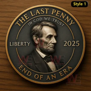 Commemorative coin with Abraham Lincoln portrait marking the end of the penny era displayed on a wooden background!