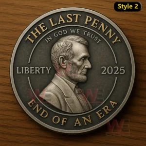The Last Cent End of Era Commemorative Coin 3 Silver style commemorative coin with Abraham Lincoln portrait celebrating the end of the penny era on a wooden surface!