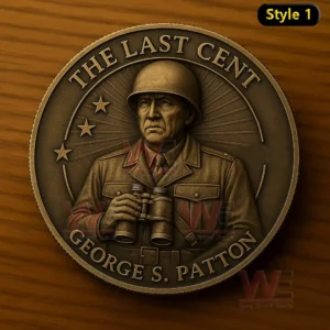Bronze commemorative coin with General George S Patton portrait military helmet binoculars and engraved text on a wooden background!