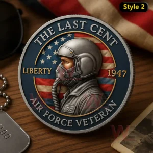 Commemorative coin showing air force pilot profile with helmet oxygen mask American flag background and veteran tribute text!