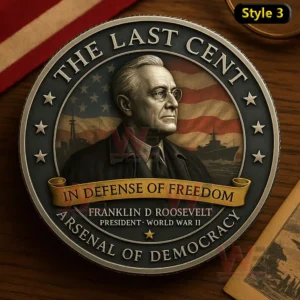 Commemorative coin with Franklin D Roosevelt portrait American flag background naval ships and historical tribute design!