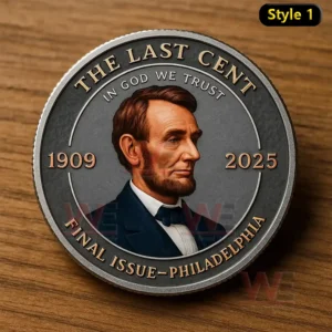Commemorative coin with Abraham Lincoln portrait dark metallic finish circular design and engraved text representing the final era of the cent!