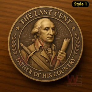 Bronze style commemorative coin depicting George Washington holding a scroll with engraved text honoring him as the father of his country!