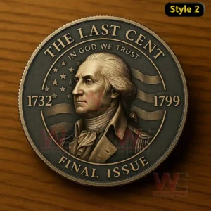 The Last Cent George Washington Father of His Country Commemorative Coin 4 Dark metallic commemorative coin showing George Washington in profile with an American flag background and final issue inscription!