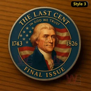 The Last Cent George Washington Father of His Country Commemorative Coin 5 Colorful commemorative coin featuring Thomas Jefferson portrait with American flag background and final issue marking!