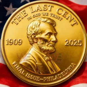 A gold coin with a portrait of Abraham Lincoln and engraved dates representing the first and last cent issue!