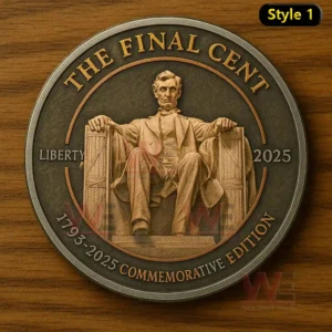 A close view of a commemorative penny style coin with a refined portrait and engraved text placed on a warm wooden table!