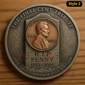 The Last Cent Tribute 1973-2025 Commemorative Edition Coin 3 A detailed view of a tribute penny coin with a memorial layout combining classic portrait art and stone like textures on a wooden surface!