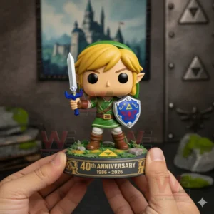 Person holding a Link 40th anniversary figure with sword shield and Triforce base labeled 1986 to 2026 in a fantasy themed setting!