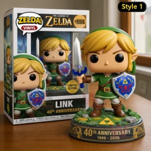 The Legend of Zelda 40th Anniversary Collector 1986-2026 Pop Figure Doll 4 Link anniversary figure with sword and shield displayed next to a themed collector box with limited edition label and 40th anniversary 1986 to 2026 text!