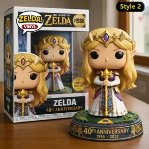 The Legend of Zelda 40th Anniversary Collector 1986-2026 Pop Figure Doll 5 Zelda anniversary figure with crown and staff on a 40th anniversary base next to a themed collector box with limited edition label 1986 to 2026!