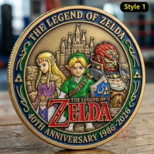 Close up of a The Legend of Zelda commemorative coin featuring character artwork a castle background and 40th anniversary 1986 2026 text with a decorative border.
