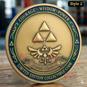 The Legend of Zelda 40th Anniversary Commemorative Coin 5 Gold toned Hyrule Kingdom collectible coin with raised Triforce symbol and Hyrule crest surrounded by Courage Wisdom Power and Limited Edition Collectible Coin text.